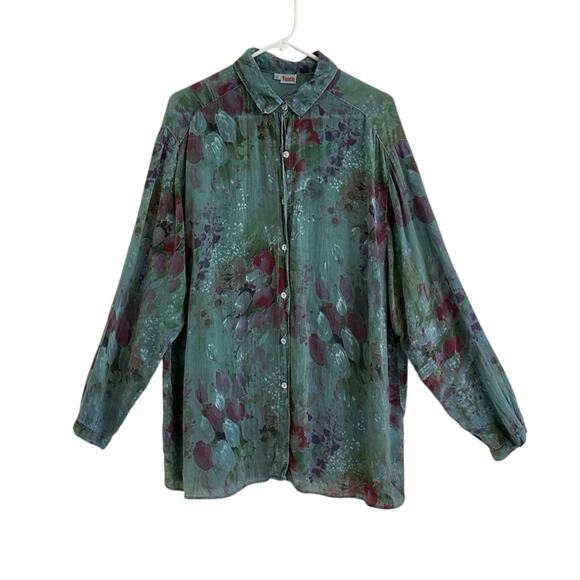 Tianello Floral Watercolor Button Down Tunic Shirt Sz Large Coastal Teal Green - Picture 1 of 6